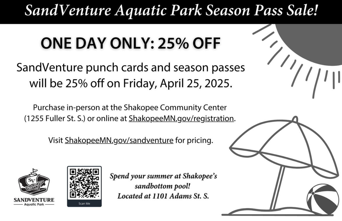 Graphic promoting 25% off season passes and punch cards in 2025 at SandVenture Aquatic Park in Shakopee