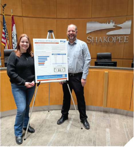 Two coworkers, a man and a woman, stand next to a poster on an easel.
