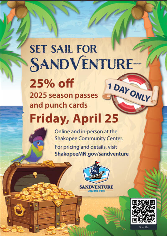 Graphic promoting 25% off season passes and punch cards in 2025 at SandVenture Aquatic Park in Shakopee